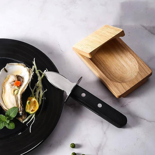 Oyster Shucker Set - Professional Stainless Steel Oyster Shucking Kit with Wooden Holder, Safe Shell Opener Tool for Kitchen, Seafood Restaurant, Home Use