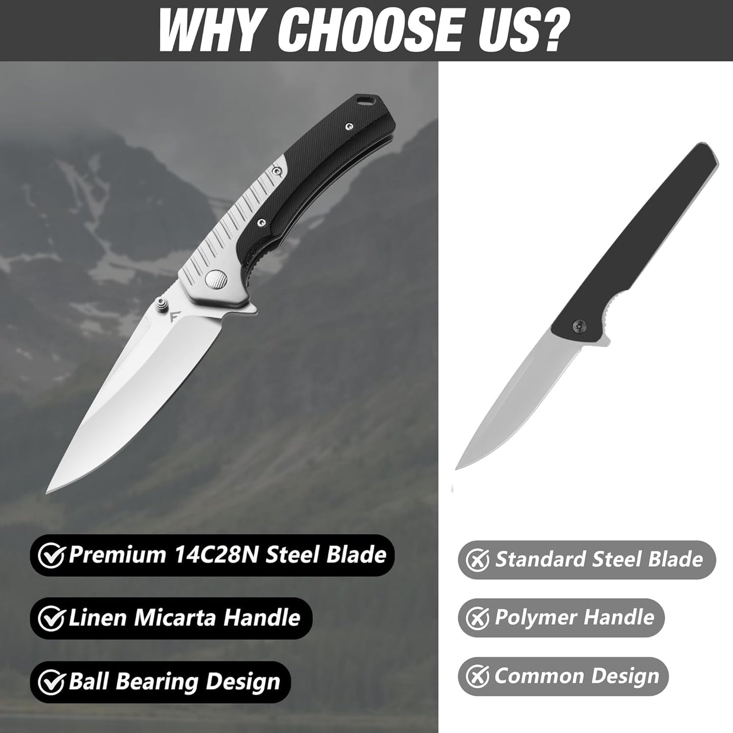 FLISSA Pocket Knife with 3.35" 14C28N Steel Blade, Liner Lock Folding Knife with Wooden Handle for EDC, Camping, Hiking, Outdoor Activities, Gift for Men and Women