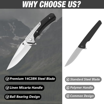 FLISSA Pocket Knife with 3.35" 14C28N Steel Blade, Liner Lock Folding Knife with Wooden Handle for EDC, Camping, Hiking, Outdoor Activities, Gift for Men and Women