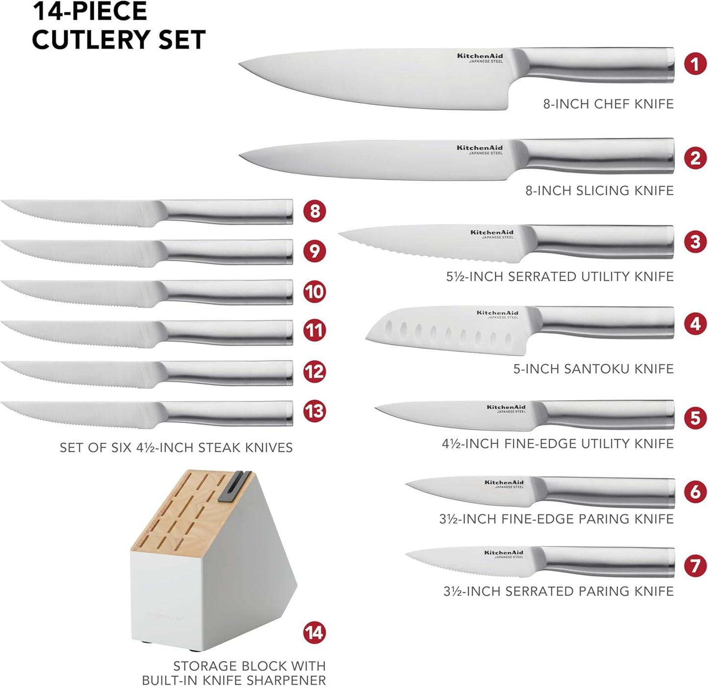 KitchenAid Gourmet Knife Block Set with Built-in Sharpener, 15-Piece, Stainless Steel