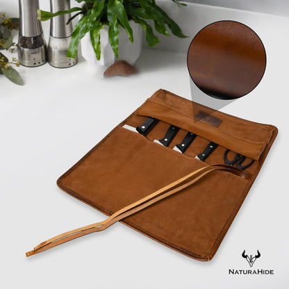 Leather Knife Roll Bag for Professional Chefs 4 Slot Full Grain and Suede Leather Knife Case Handmade Culinary Tool Roll Organizer for Travel, Kitchen and Outdoor Cooking (Black)