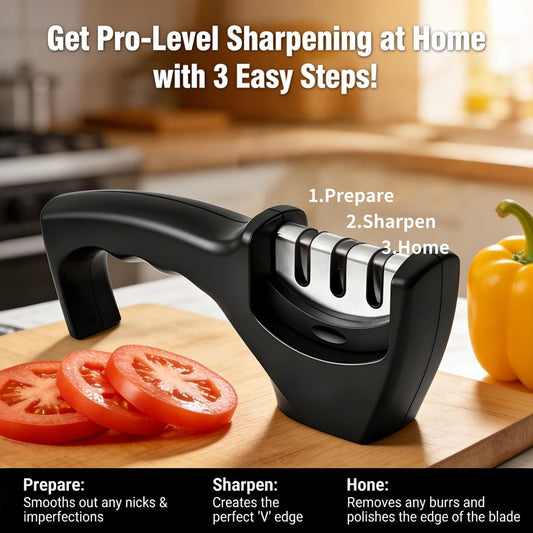 4-in-1 Kitchen Knife Sharpener, 3-Stage Manual Knife Sharpening Tool with Diamond Coarse Ceramic Fine Polish Slots, Non-Slip Base for Kitchen Chef Knives, Black
