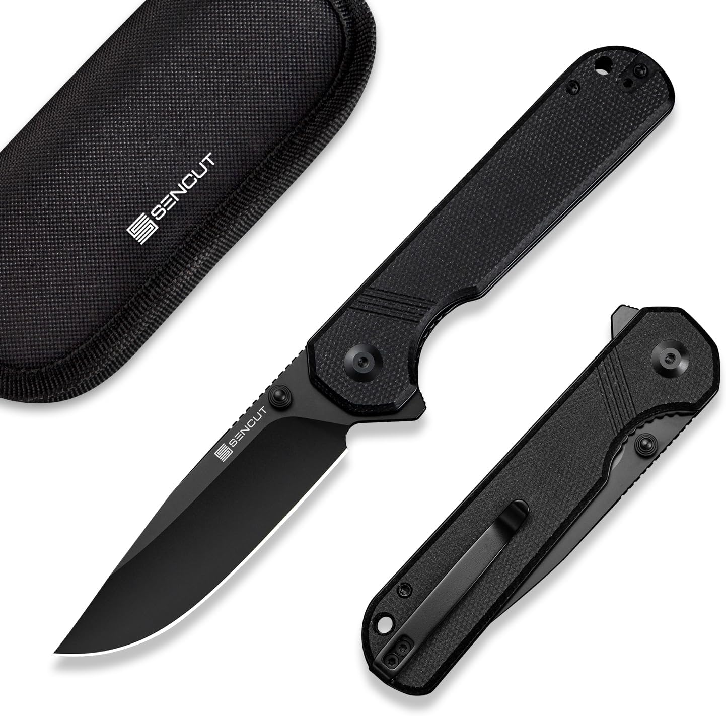 SENCUT Aetheris Pocket Knife, EDC Folding Knife with 3.68'' 9Cr18MoV Blade & Canvas Micarta Handle, Reversible Clip for Camping Hiking S24095-3(Black)