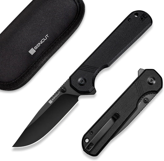 SENCUT Aetheris Pocket Knife, EDC Folding Knife with 3.68'' 9Cr18MoV Blade & Canvas Micarta Handle, Reversible Clip for Camping Hiking S24095-3(Black)