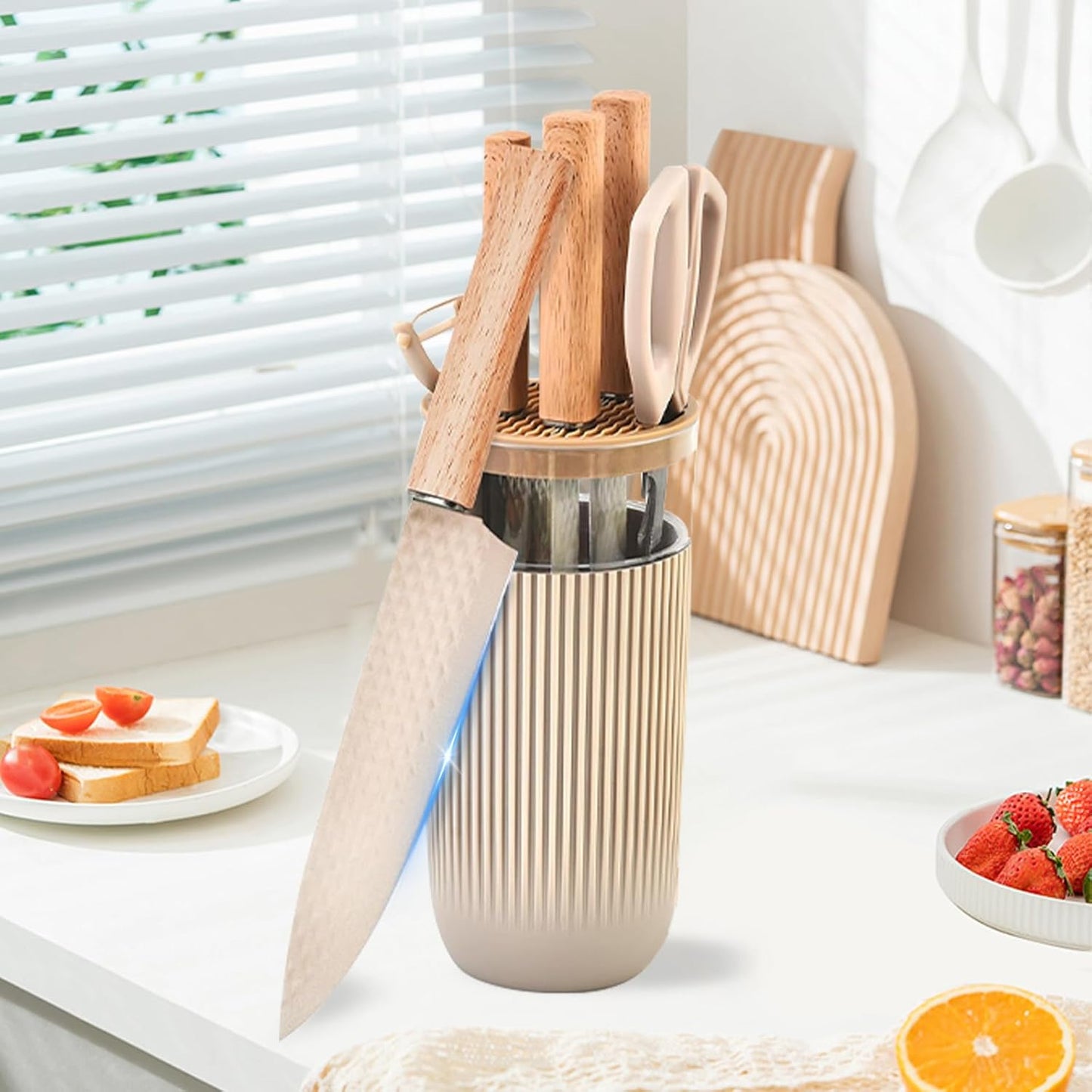 Kitchen Knife Set with Block, 7-Piece Kitchen Knife Set for Chef with Universal Knife Block, Anti-Rust Kitchen Knife Block Set, Ergonomic Design