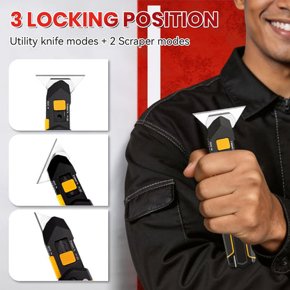 PINOZE Utility Knife Scraper, 3-in-1 Retractable Box Cutter with Lanyard & Blade Storage, Heavy Duty Zinc Alloy Multi-functional Knife with 10pcs SK2 Blades, EDC Tool for Home, Office, DIY