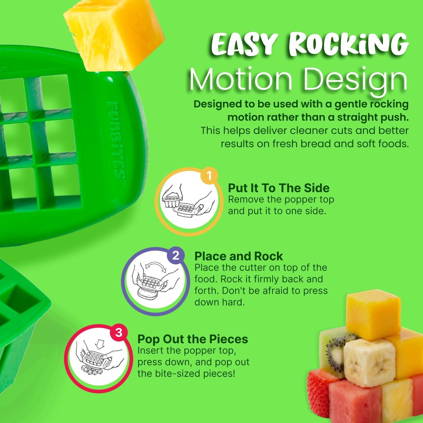 FUNBITES Crustless Sandwich Cutter for Kids Lunch (2-piece set), Uncrustable Sandwich Cutter, Bite-Size Food Cutter for Toddlers, Bento Box Accessories, BPA-FREE Dishwasher Safe, Green Squares 1pk