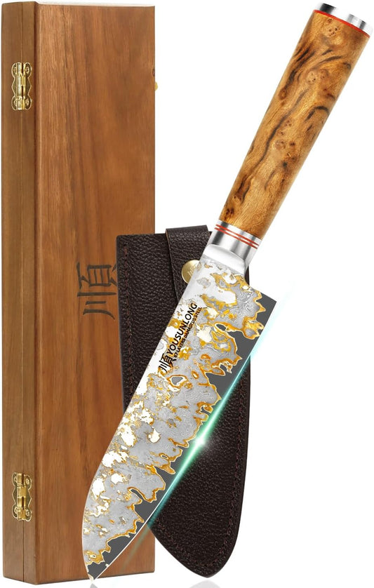 YOUSUNLONG Sakimaru Knife 8" - Japanese Sushi Knife - Handmade Copper Damascus Steel Carving Knives - Ultra Sharp Salmon Knife - Naturel Burl Wooden Handle with Leather