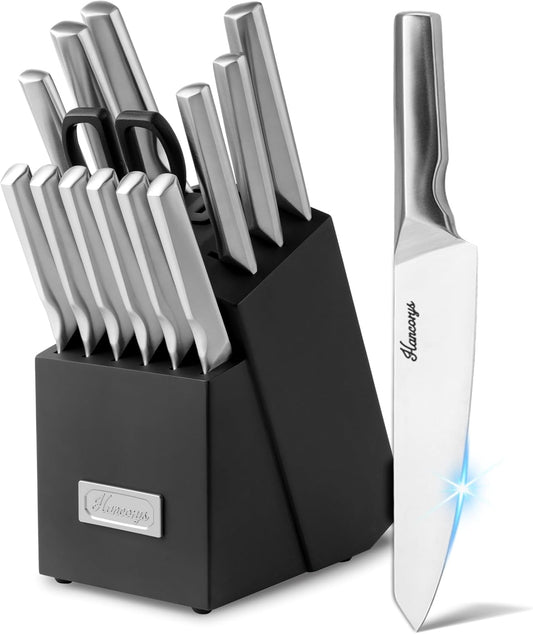 Knife Block Set, Japanese Stainless Steel Kitchen Knife Set with Built-in Sharpener, Sharp Knives with Non-slip Ergonomic Handle - Dishwasher Safe, Home Essential Gifts
