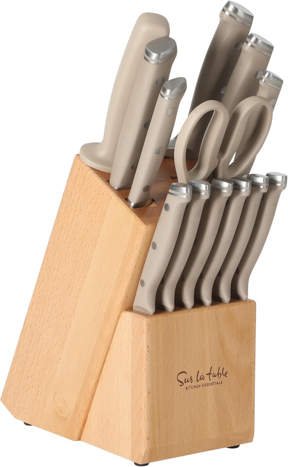 Sur La Table Kitchen Essentials Knife Set with Block, 14-Piece Forged German Steel Kitchen Knives, Beech Wood Block, Chef, Santoku, Bread & Steak Knives, Shears & Sharpener – Linen White