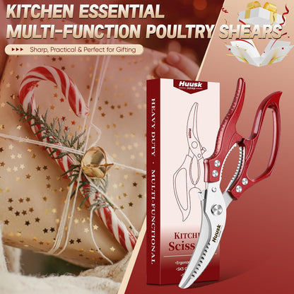 Huusk Poultry Shears Heavy Duty – All Purpose Japanese Kitchen Scissors for Chicken, Meat, Fish, Vegetables & Pizza with Ergonomic Non-Slip Red Handle, Gifts for Women Men