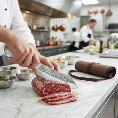 KOFERY Damascus Steel Butcher Knife Set with Full Tang Blades for Pit Master BBQ Meat Carving, Smoking Meat & Game Processing with Canvas Knife Roll for Camping, Gift for Men