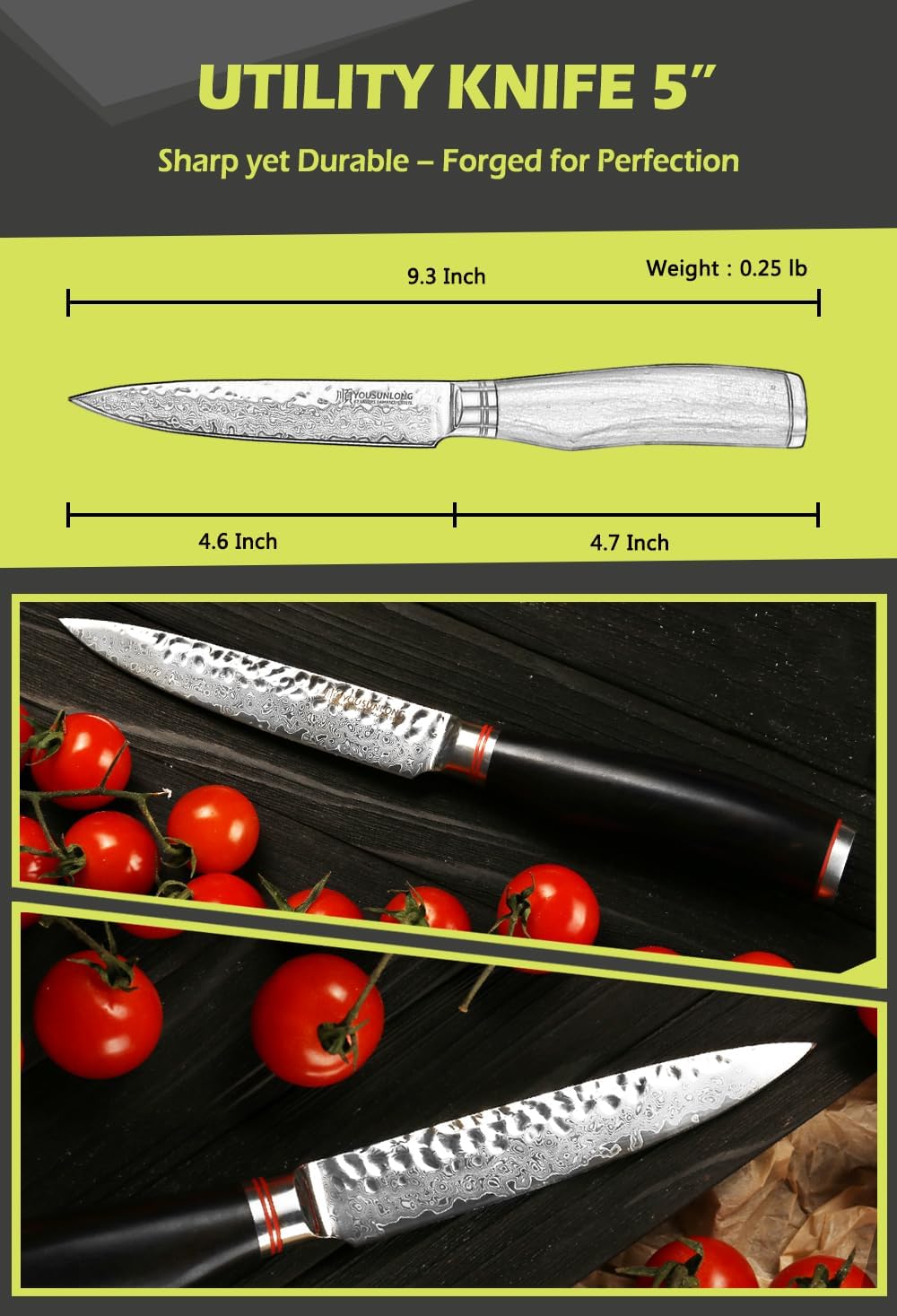 YOUSUNLONG Utility Knife Kitchen 5 Inch Petty Knife - Japanese Hammered Damascus Steel - Razor Sharp Blade - Natural Walnut Wooden Handle