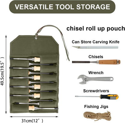 Chisel Roll,6 Pockets Roll Up Tool Pouch,Waxed Canvas Small Tool Roll Organizer and Wrench Roll Up Pouch,Store Chisel,Wrench,Pliers,Carving Knife (12-Brown)