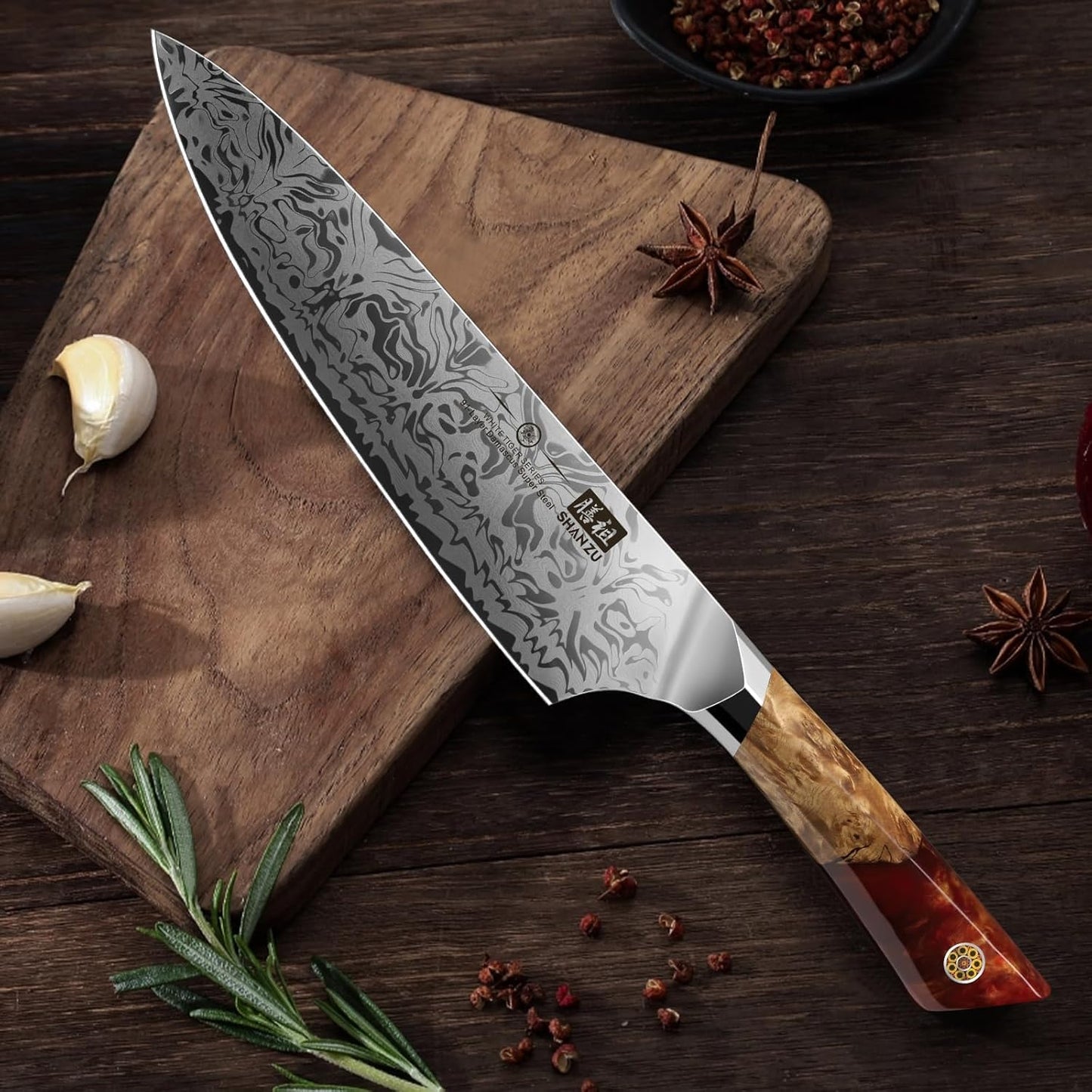 SHAN ZU Damascus Chef Knife, SG2 Powder Steel Japanese Kitchen Knife, 7 inch Hand Forged 91 Layers Damascus Steel Ultra Sharp Knife with Ergonomic Maple Handle