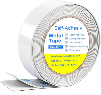 Bendable Adhesive Metal Strip for Magnets, (1 inch Wide X 15 ft Long) Flexible White Metal Tape Roll, White Ferrous Tape Stick on Wall to Hold Magnetic Products