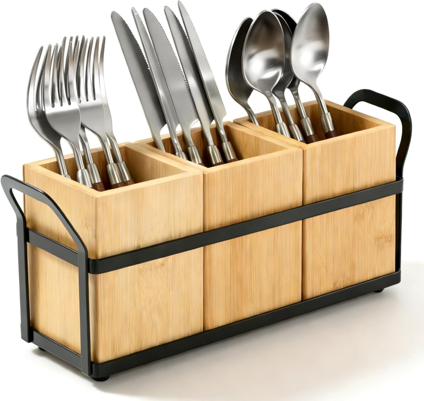 Kitchen Utensil Holder for Countertop, 3 Compartments Wooden Utensils Organizer for Cooking Utensils, Silverware, Spatula, Fork, Knife, Cutlery Storage for Kitchen Counter-White