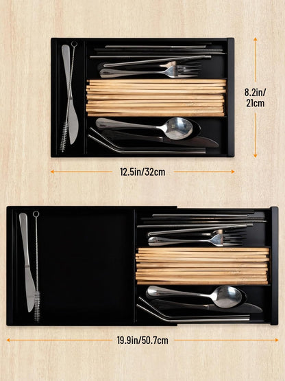 Silverware Drawer Organizer Tray, Adjustable Small Utensil Holder for Spoon and Fork, Expandable Flatware Cutlery Tray for Kitchen Drawers (Black)