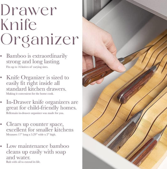 Bellemain 100% Pure Bamboo in Drawer Knife Block | 16 Knife Slots Knife Drawer Organizer | Store Knives Safely with The Blades Down | Storage Solution for Your Kitchen | Knife Organizer Drawer Insert