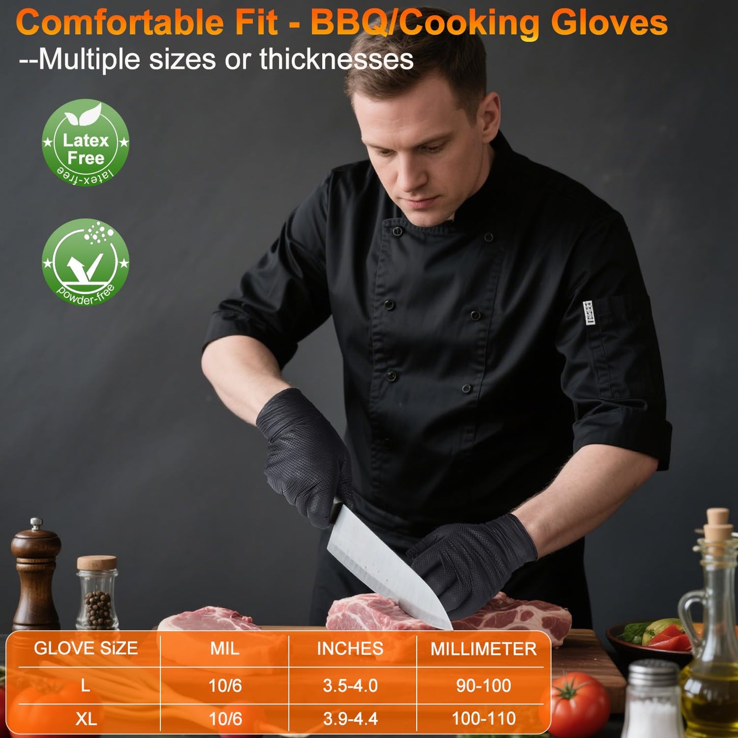 ANBOSON BBQ Gloves Disposable-Heat Resistant Cooking & Grilling Gloves Set (100 Black Nitrile, 4 Cotton Liners)-10Mil Heavy Duty Meat Handling Smoker Accessories for Hot Food Prep,Non-Slip Grip,Large