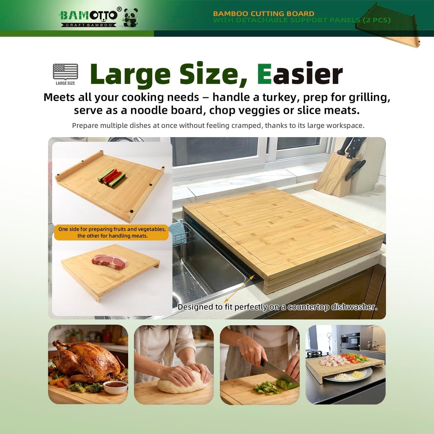 BAMOTTO CRAFTBAMBOO 18.1x21.3 Inch Large Bamboo Cutting Board with 2 Detachable Support Panels, Reversible, Kitchen Countertop Dishwasher Cover & Over Sink, Tray and Carving Board