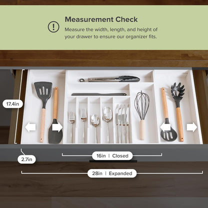 KitchenEdge Premium Silverware, Flatware and Utensil Organizer for Kitchen Drawers, Food-Safe Contract Grade, Expandable from 18 to 33 In, Natural Bamboo