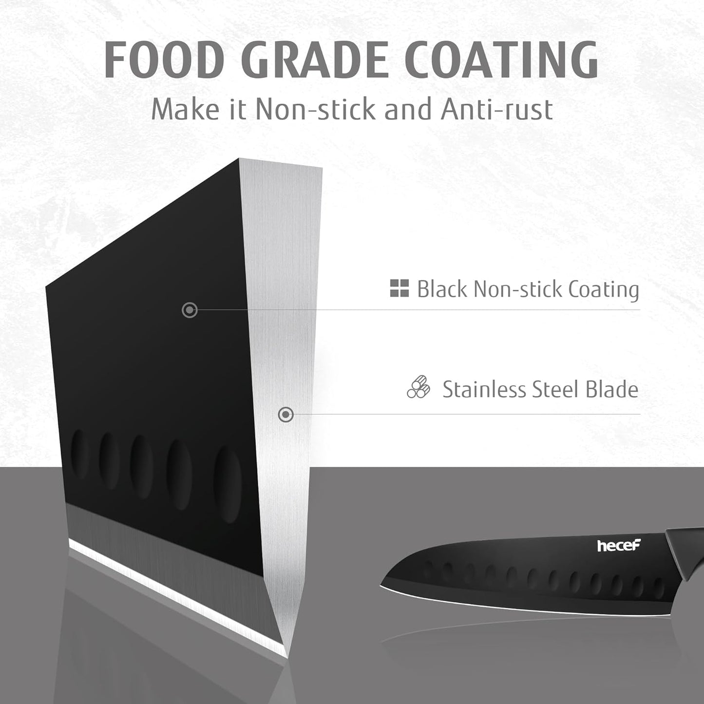 hecef Black Kitchen Knife Set of 3, Sharp Knives with Stainless Steel Blade, Lightweight Handle, Non-stick Coating Set Includes 7", 5", 3.5" Knives