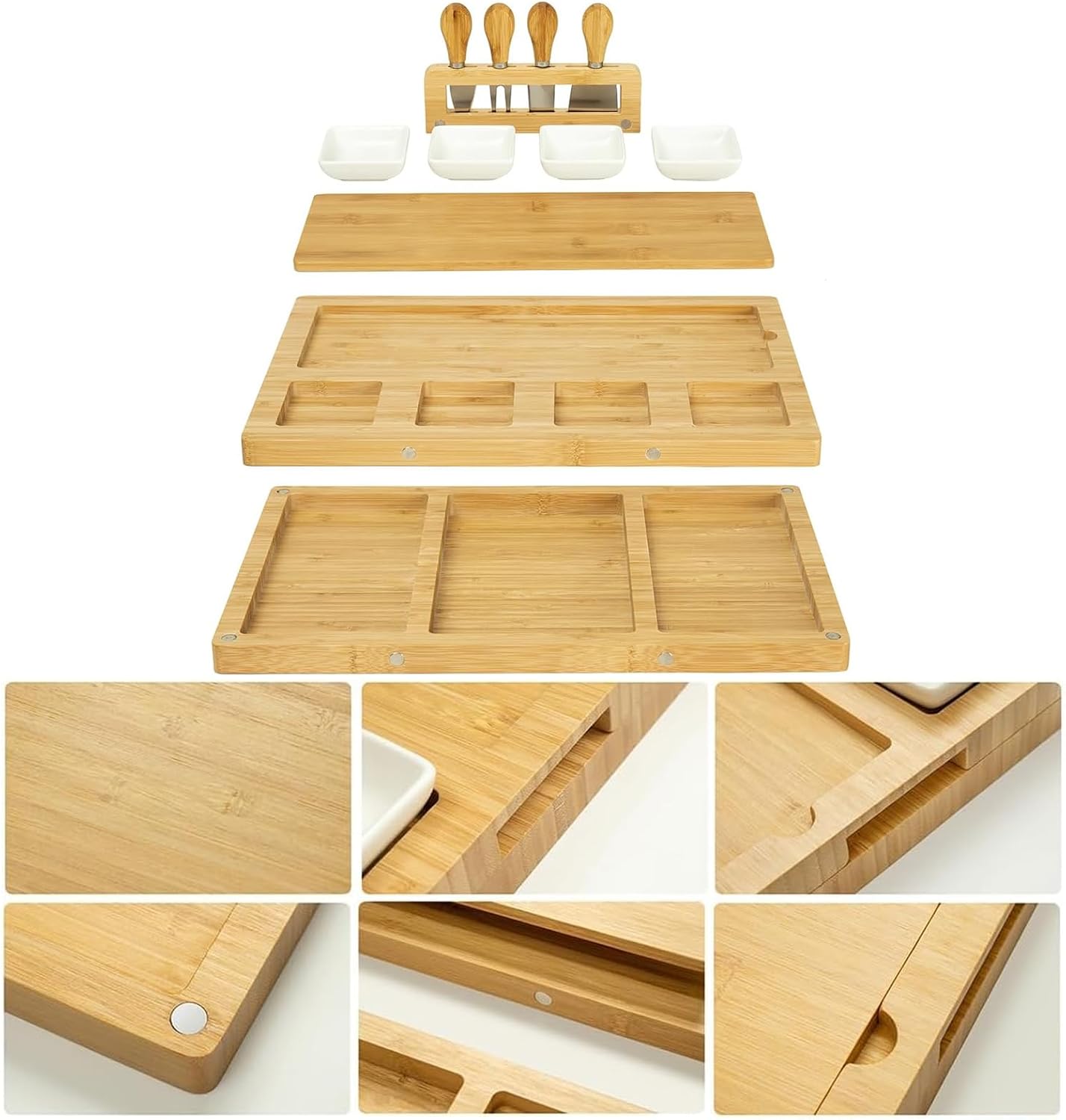Charcuterie Board Set - Bamboo Cheese Board & Serving Tray with Stainless Steel Knives and Bowls, Housewarming Gifts New Home, Gift for Wedding Couple, Bridal Shower (NLB, 02)