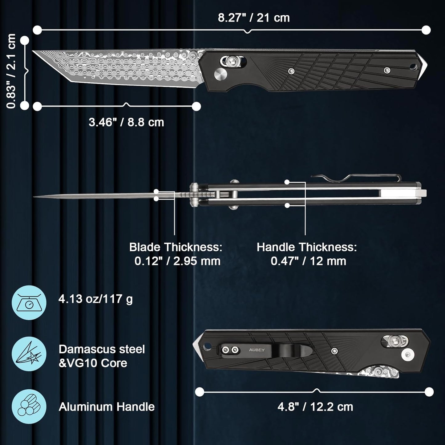 AUBEY Damascus Pocket Knife with Clip, Sharp Tanto Blade with VG10 Core Folding Knife with Abalone Shell Handle and Glass Breaker, EDC Camping Knife for Gift Survival Collection