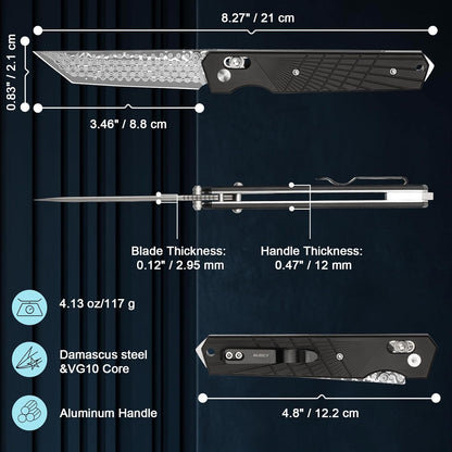 AUBEY Damascus Pocket Knife with Clip, Sharp Tanto Blade with VG10 Core Folding Knife with Abalone Shell Handle and Glass Breaker, EDC Camping Knife for Gift Survival Collection