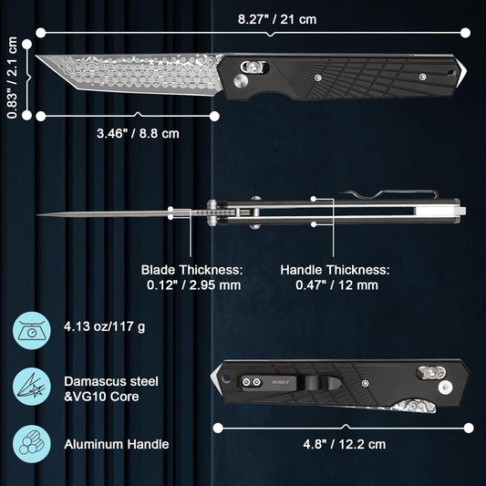 AUBEY Damascus Pocket Knife with Clip, Sharp Tanto Blade with VG10 Core Folding Knife with Abalone Shell Handle and Glass Breaker, EDC Camping Knife for Gift Survival Collection