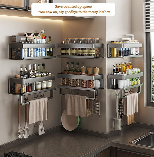 Wall mount Carbon steel Kitchen utensils seasoning spice storage rack, oil salt, sauce vinegar condiment storage rack, Bathroom toiletries organizer with mobile hooks (1 Pack (with bar and hooks))