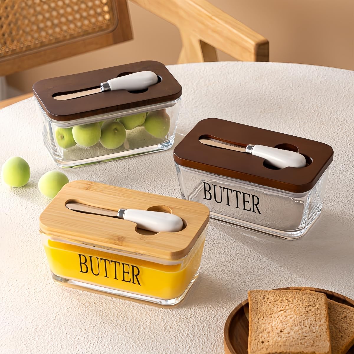 Glass Butter Dish with Bamboo Lid and Knife, 500 mL Airtight Cheese Storage Container for Countertop Butter Keeper for Fridge (Smooth, 16 fl oz)
