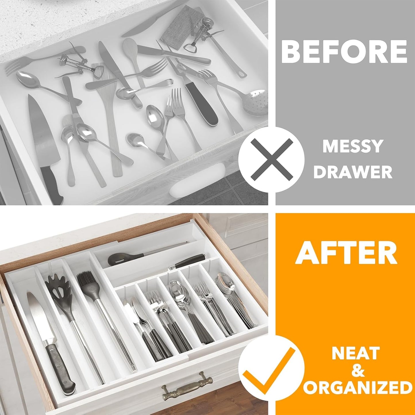 SpaceAid 2.5" High Bamboo Silverware Drawer Organizer with Labels, Kitchen Utensil Expandable Tray Holder for Flatware, Cutlery, Spoon and Knives Drawer Storage Organization (Black)