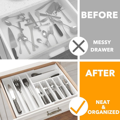 SpaceAid 2.5" High Bamboo Silverware Drawer Organizer with Labels, Kitchen Utensil Expandable Tray Holder for Flatware, Cutlery, Spoon and Knives Drawer Storage Organization (Black)