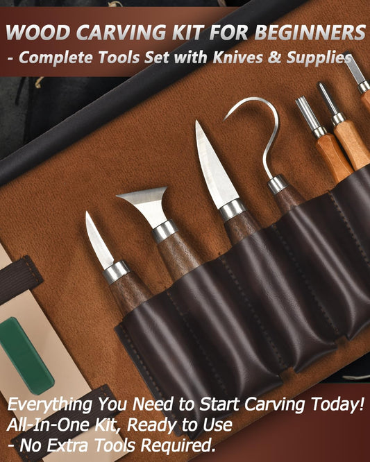 Wood Carving Kit Whittling Kit: Deluxe Wood Carving Tools Knife Set with Leather Case - Woodworking Hobby Kit for Beginners Adults Kids - DIY Art Craft Gift for Men Teens