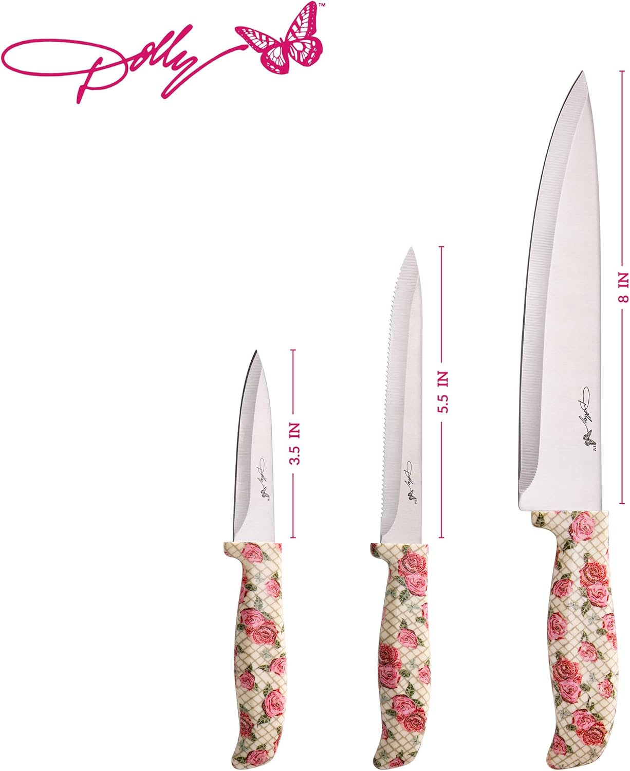 Dolly Parton 3-Piece Knife Set, Rose Pattern Handles, Includes 8 Inch Chef, 5.5 Inch Serrated Utility and 3.5 Inch Paring Knives