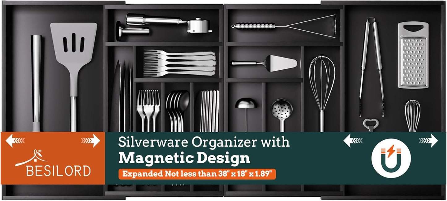 Silverware Organizer Large, Magnetic Connected Expandable 11 Slots Silverware Drawer Organizer From 21 to 37.4 Inches, Adjustable Flatware and Cutlery Holder, Bamboo Utensil Tray for Kitchen Natural