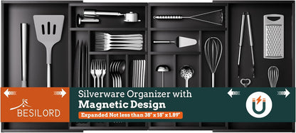 Silverware Organizer Large, Magnetic Connected Expandable 11 Slots Silverware Drawer Organizer From 21 to 37.4 Inches, Adjustable Flatware and Cutlery Holder, Bamboo Utensil Tray for Kitchen Natural