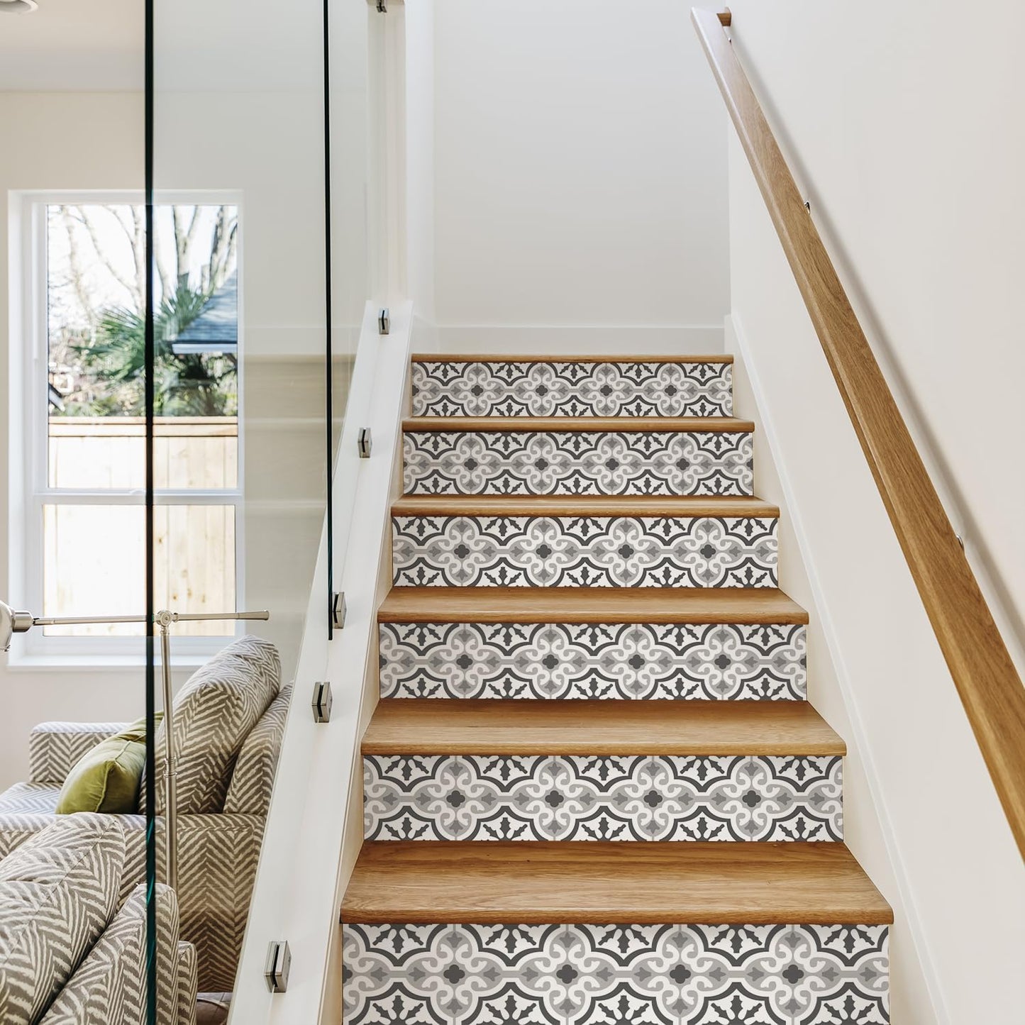 funlife 7PC Self-Adhesive Vinyl Stair Riser Stickers w/Squeegee and Utility Knife, Peel and Stick Staircase Decal Contact Paper for Home Decor, 47.24"x7.09" Scandinavian White Herringbone