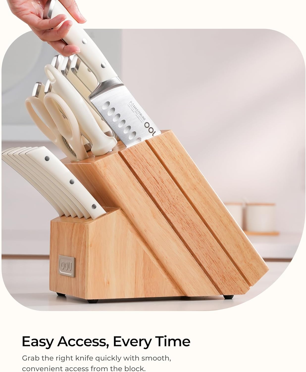OOU 2025 Kitchen Knife Set with Block, 15-Piece German Stainless Steel Knife Blcok Set with Sharpening Rod, Ergonomic Wood Handle,Premium Razor-Sharp Knives Set for Kitchen