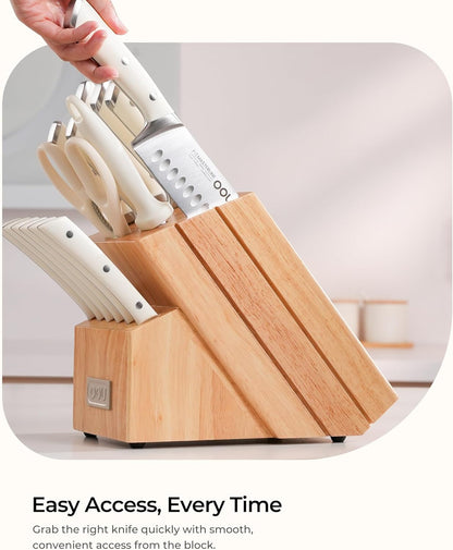 OOU 2025 Kitchen Knife Set with Block, 15-Piece German Stainless Steel Knife Blcok Set with Sharpening Rod, Ergonomic Wood Handle,Premium Razor-Sharp Knives Set for Kitchen
