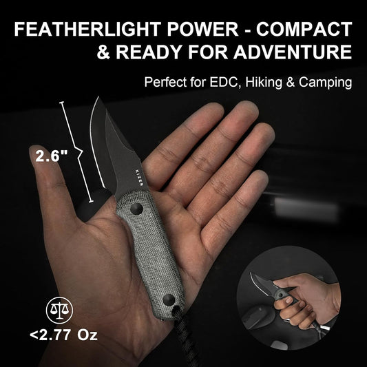 Kizer Drop Bear Fixed Blade Knife, 2.57" Black Stonewash D2 Blade EDC Camping Knife with Olive Green G10 Handle & Hidden Tool, Full Tang Hunting Survival Knives with Adjustable Kydex Sheath, 1094M1