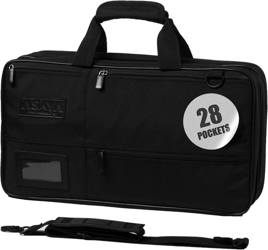 Asaya Chef Knife Bag - 28-Pocket Knives Carrying Case for Kitchen Tools and Utensils, Ballistic Nylon Chef Knife Roll Bag with Adjustable Shoulder Strap - Knives Not Included (Grey)