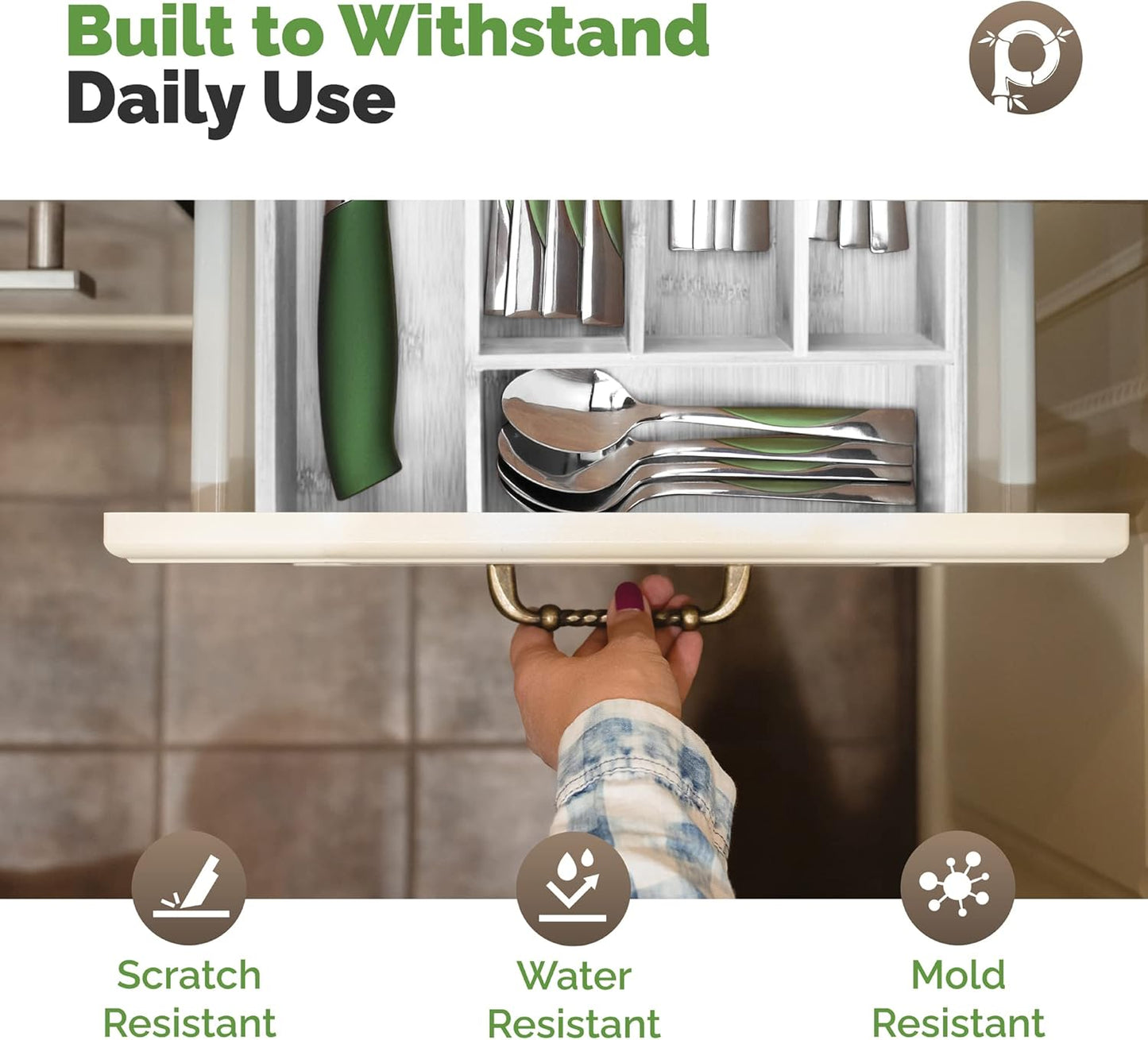 Pristine Bamboo Silverware Organizer - Small Extra-Deep Wooden Kitchen Drawer Organizer Divider for Spoons, Forks, Knives & Cutleries - 5 Slots