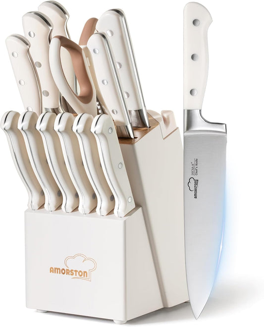 Knife Set, Kitchen Knives Set with Block and Sharpener 14 Pcs Full Tang Knives German Stainless Steel Dishwasher Safe Kitchen Utensils Set with Ergonomic Handle Gifts for Women