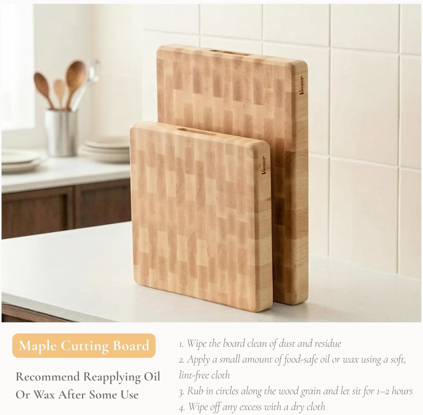 Vandroop Maple Wood End Grain Cutting Board for Kitchen - Square Wooden Maple Heavy Butcher Block Chef's Board 14x14x2”- Reversible End-Grain Chopping Board with Finger Grips