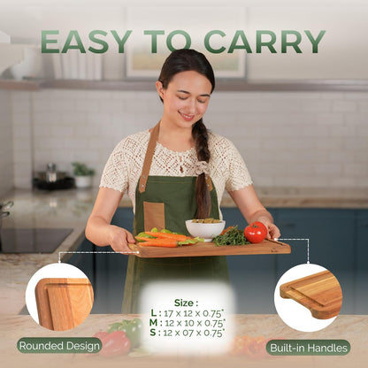 Howizz Acacia Wood Large Cutting Board, Thick End Grain Solid Wood Butcher Block For Kitchen, Non Toxic Pre-Oiled Carving Tray w/Juice Grooves and Easy Grip Handle, 20"x15"x1" (Gift-Ready Box)