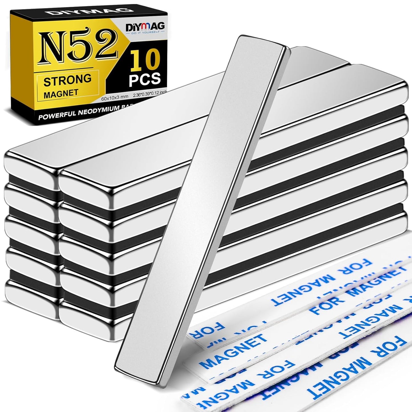 DIYMAG Neodymium Magnets, 8 Pack Strong Magnetic Bar with Double-Sided Adhensive Backing Heave Duty Rare Earth Magnet for Fridge, Classroom, Science and Craft - 2.36 x 0.39 x 0.12 in Silver