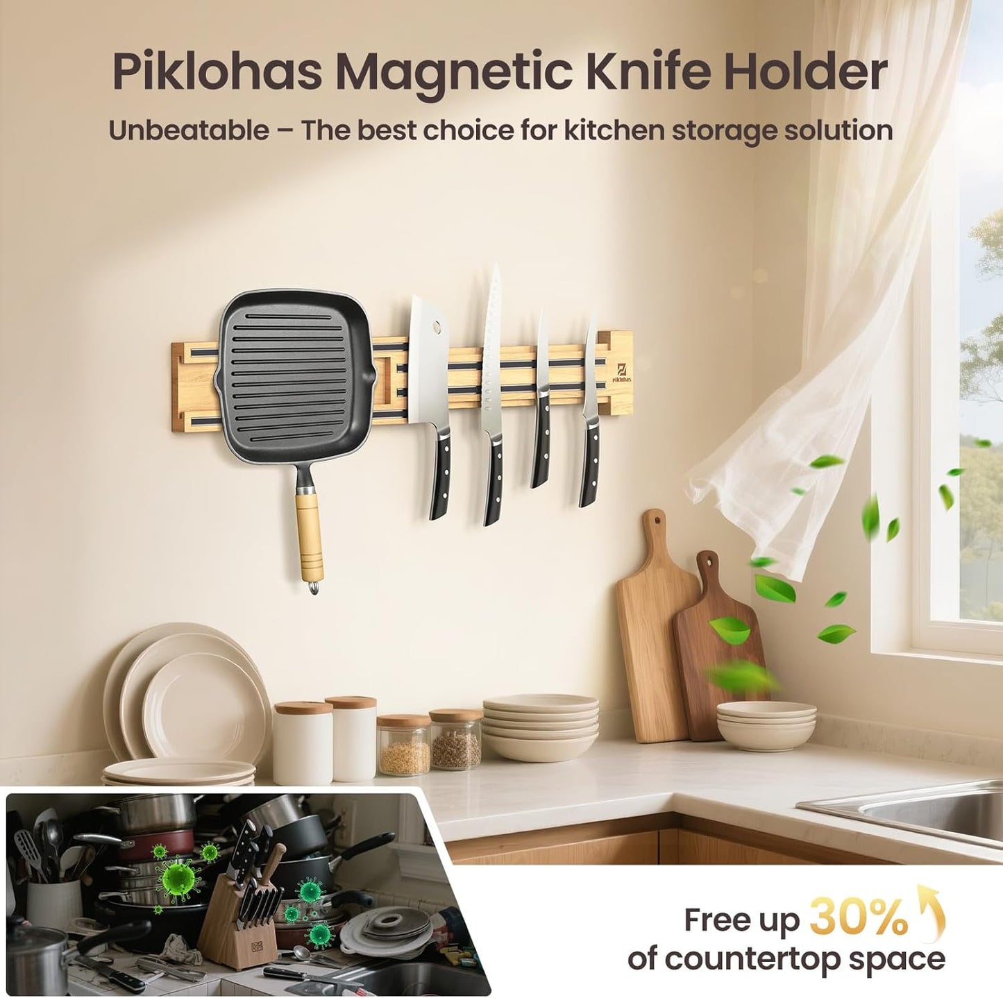 Extendable 32Inch Magnetic Knife Holder for Wall with Screw & Adhesive Mounting, Wood Magnetic Knife Strip from 16 to 32 Inch for Knife Bar, Knife Holder, Kitchen Utensil Organizer or Tool Room
